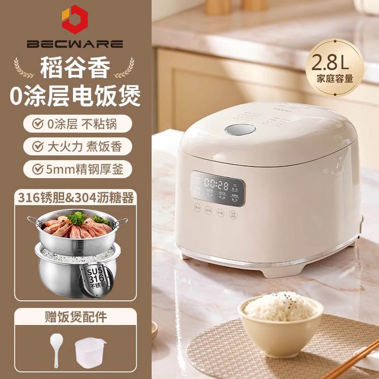 BECWARE Rice Cooker BW628D, Uncoated Round Inner Pot 2.8L Wthie